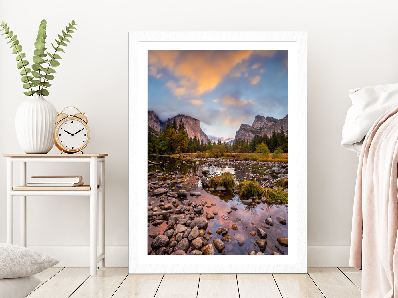 Landscape of Yosemite Park Autumn Glass Framed Wall Art, Ready to Hang Quality Print With White Border White