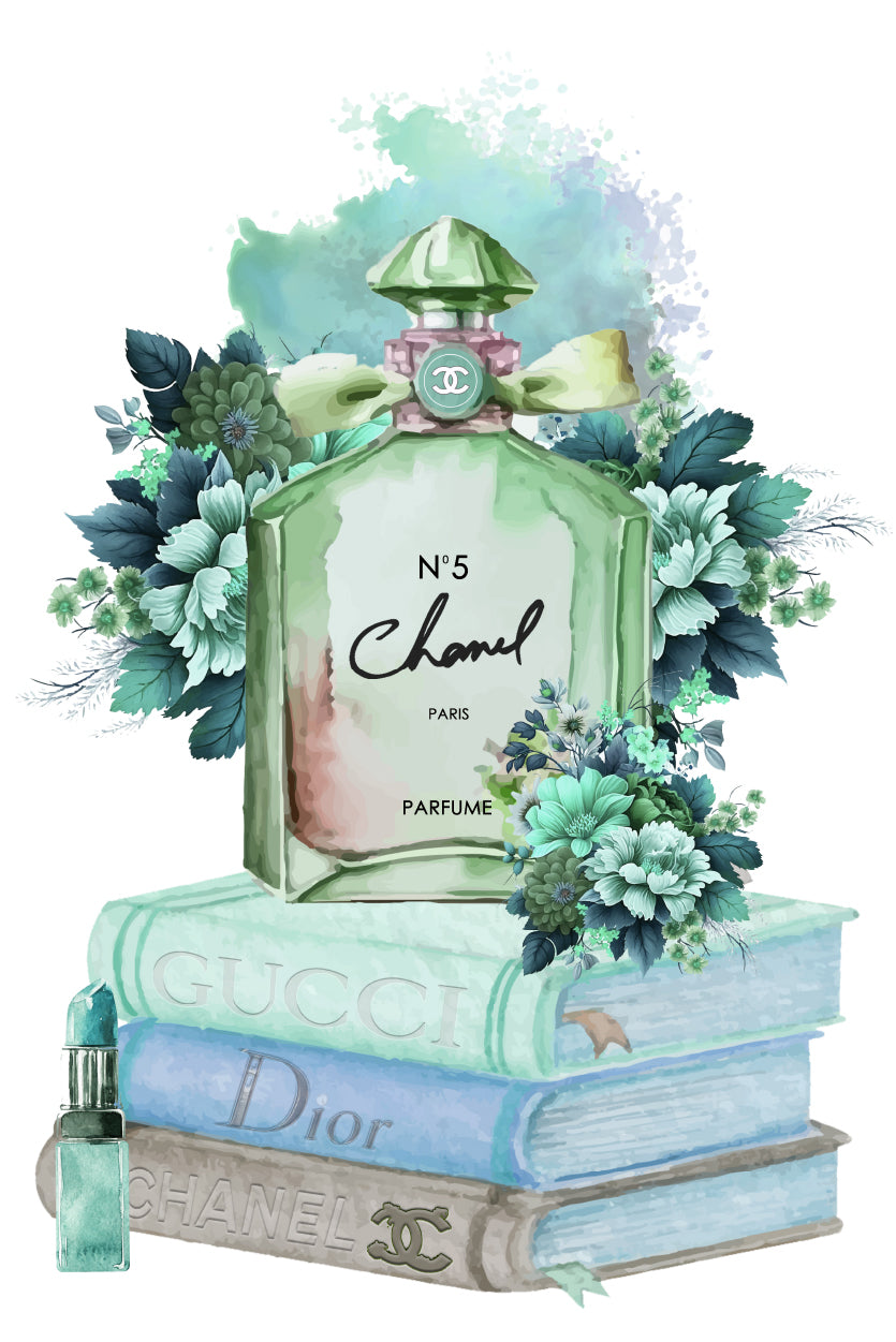 Green Blue Perfume Bottle with Flowers Print 100% Australian Made