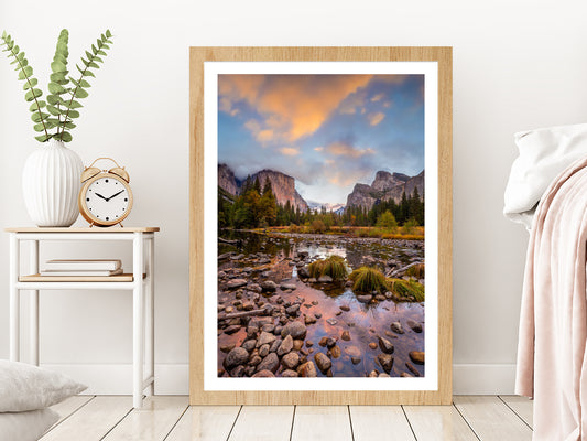 Landscape of Yosemite Park Autumn Glass Framed Wall Art, Ready to Hang Quality Print With White Border Oak