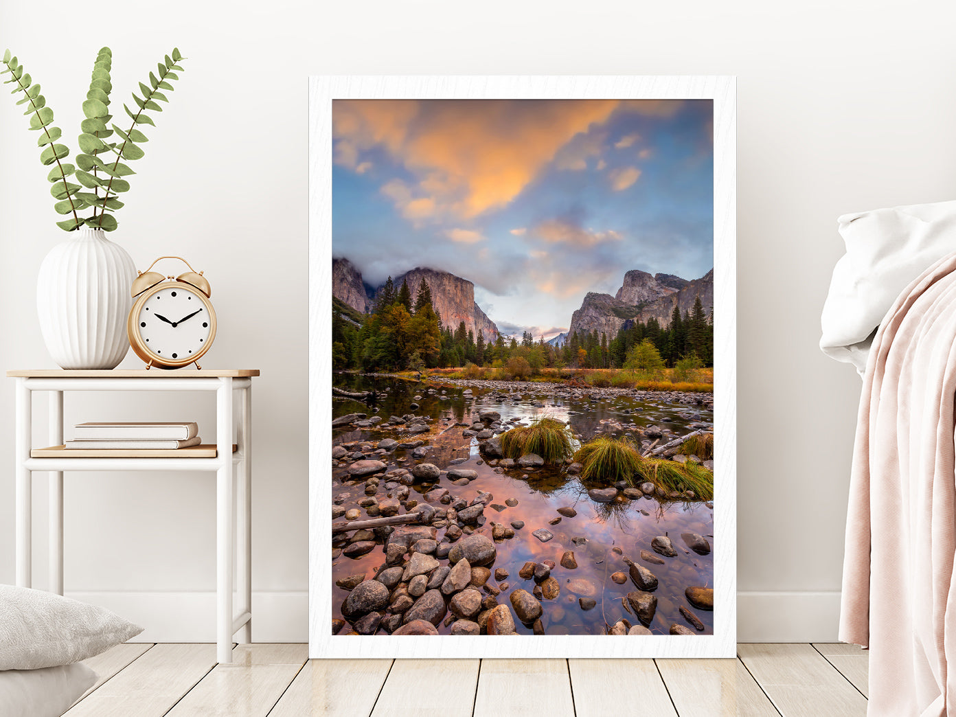 Landscape of Yosemite Park Autumn Glass Framed Wall Art, Ready to Hang Quality Print Without White Border White