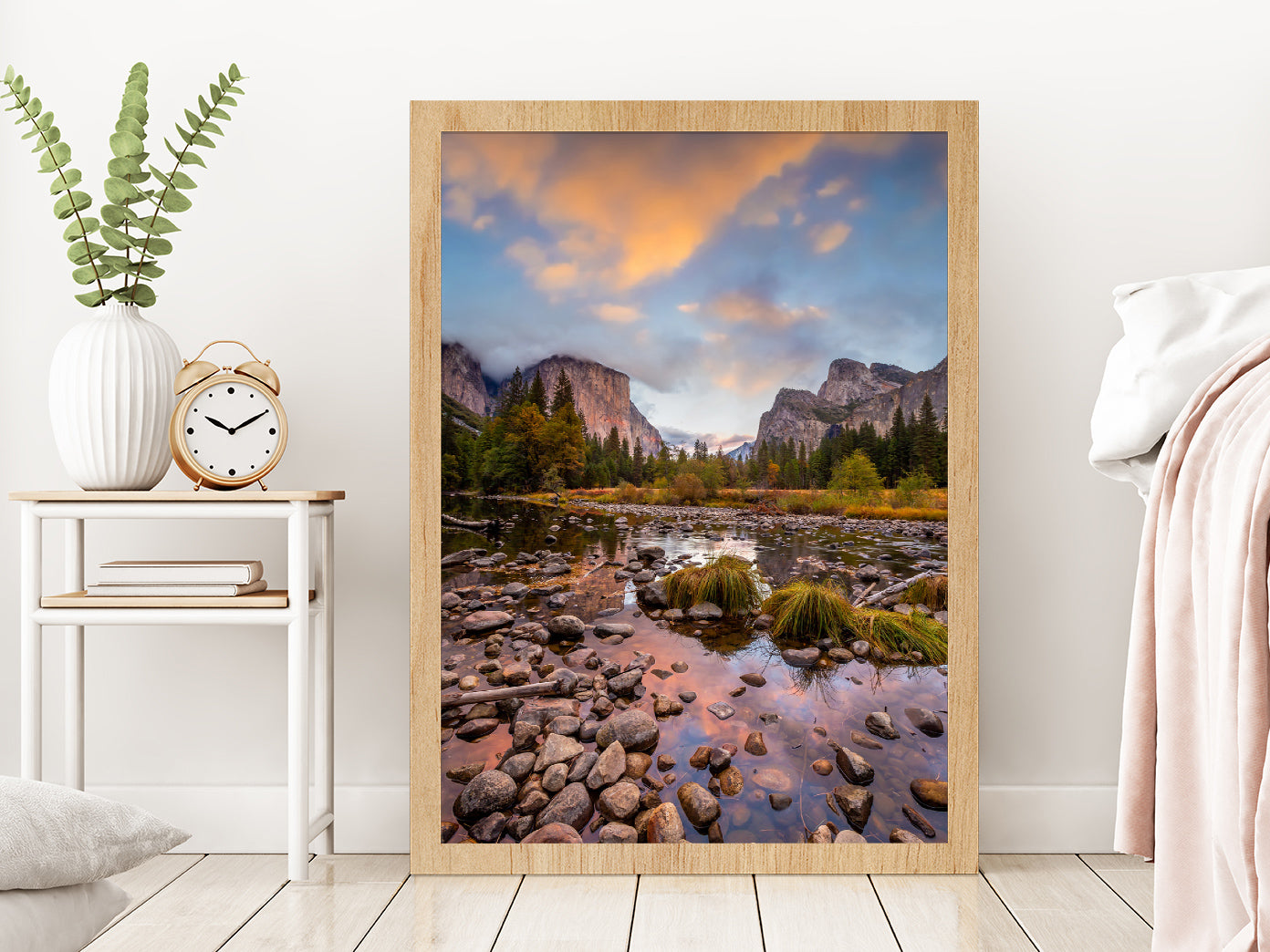Landscape of Yosemite Park Autumn Glass Framed Wall Art, Ready to Hang Quality Print Without White Border Oak