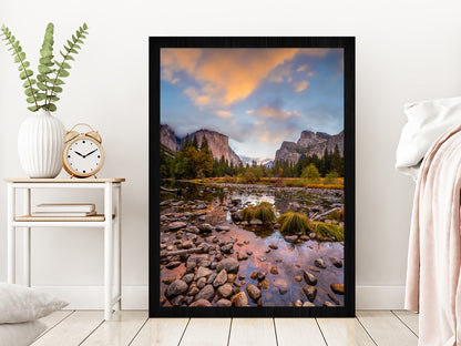 Landscape of Yosemite Park Autumn Glass Framed Wall Art, Ready to Hang Quality Print Without White Border Black