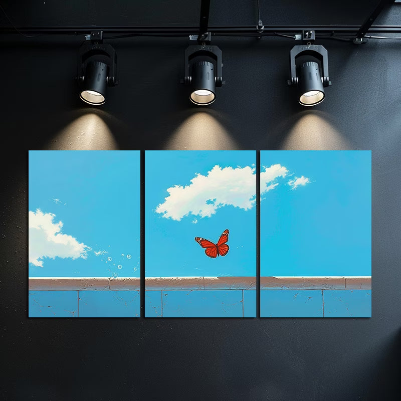 3pcs Butterfly Over Blue Sky and Clouds Wall Art Set Canvas Framed 60x90cm - High Quality Print 100% Australian Made Wall Canvas Ready to Hang