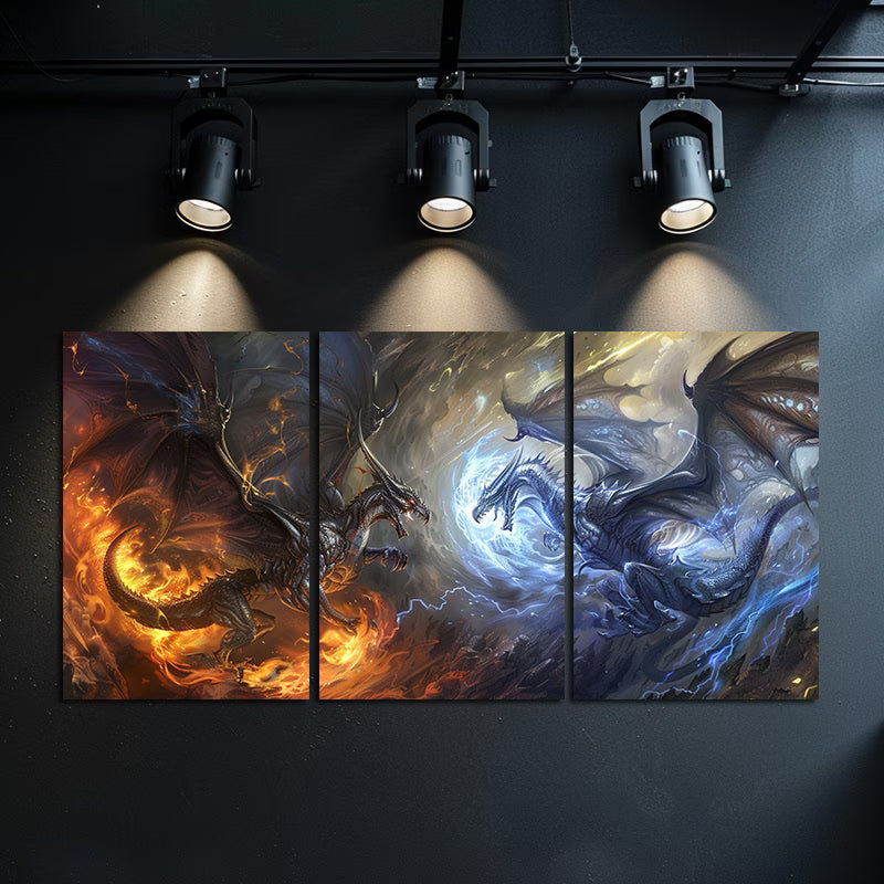 3pcs Dragon Battle Fantasy Mythical Creatures Wall Art Set Canvas Framed 60x90cm - High Quality Print 100% Australian Made Wall Canvas Ready to Hang
