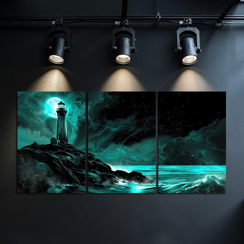 3pcs Mystical Teal Moon & Lighthouse Design Wall Art Set Canvas Framed 60x90cm - High Quality Print 100% Australian Made Wall Canvas Ready to Hang