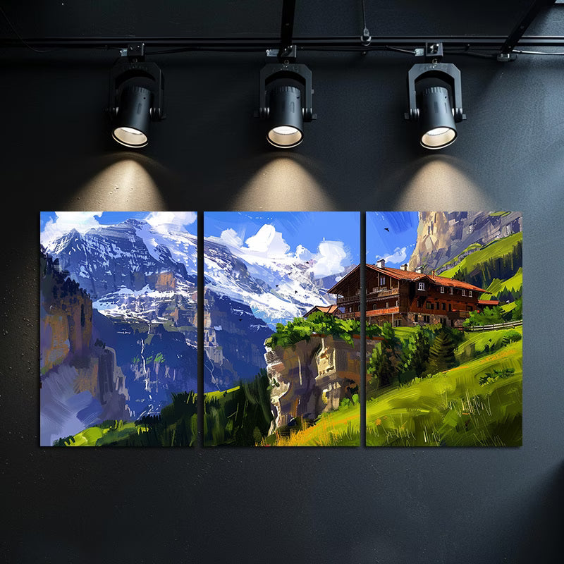 3pcs Large Mountain Hut in The Swiss Mountains Wall Art Set Canvas Framed 50x70cm - High Quality Print 100% Australian Made Wall Canvas Ready to Hang