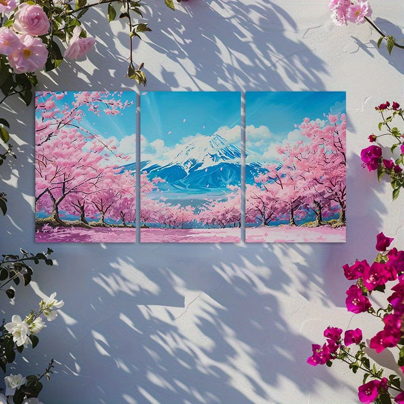 3pcs Cherry Blossom Japanese Mount Fuji Scenery Wall Art Set Canvas Framed 60x90cm - High Quality Print 100% Australian Made Wall Canvas Ready to Hang
