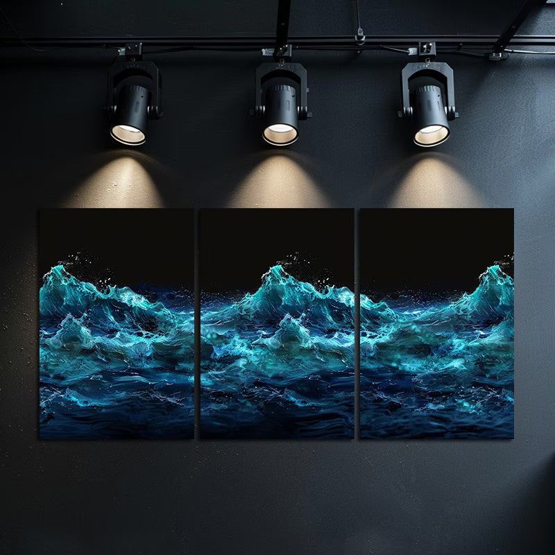 3pcs Ocean Wave Blue and Black Lighting Design Wall Art Set Canvas Framed 60x90cm - High Quality Print 100% Australian Made Wall Canvas Ready to Hang