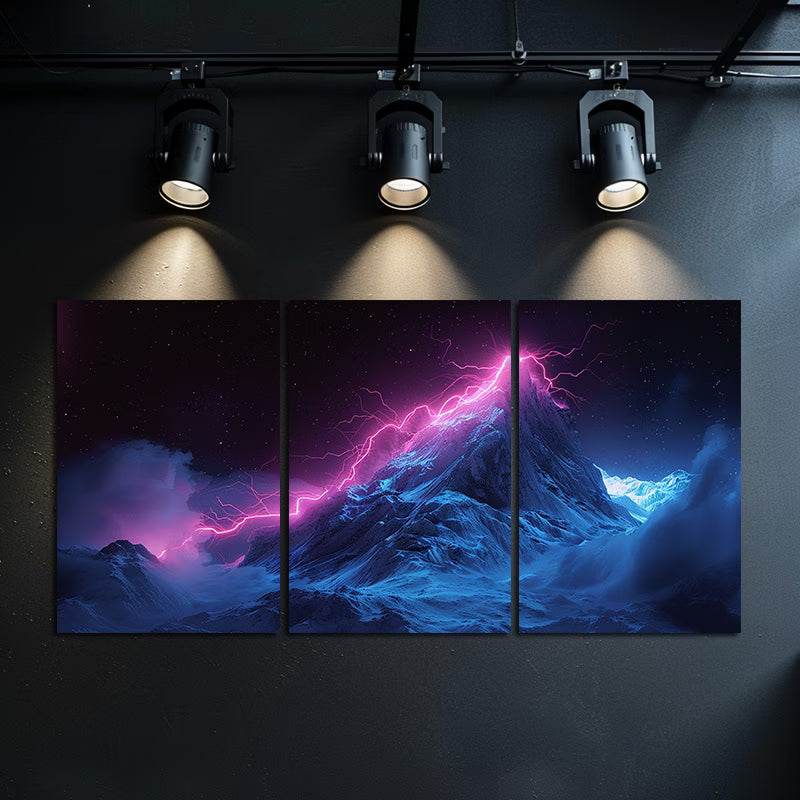 3pcs Pink Lightning Bolt & Ice-Covered Mountain Wall Art Set Canvas Framed 60x90cm - High Quality Print 100% Australian Made Wall Canvas Ready to Hang