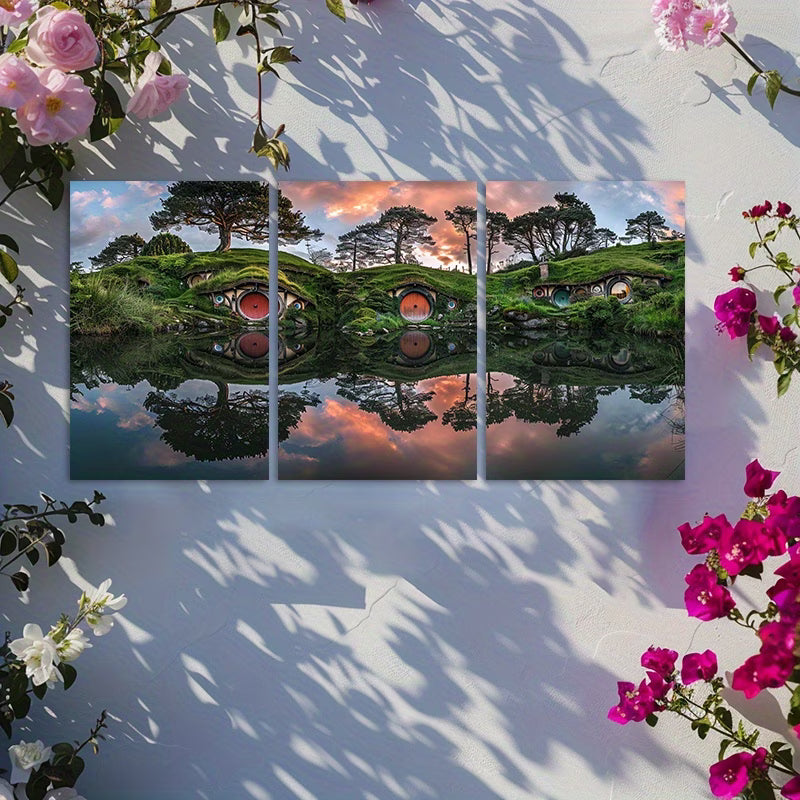 3pcs Serene Twilight Shire Reflection Scene Wall Art Set Canvas Framed 50x70cm - High Quality Print 100% Australian Made Wall Canvas Ready to Hang
