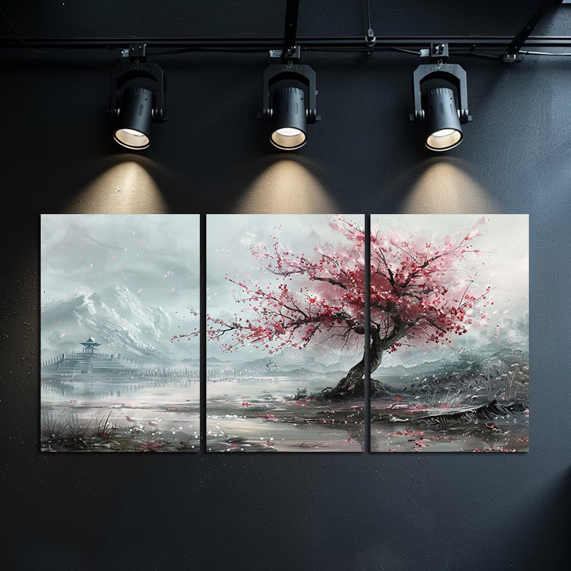 3pcs Single Cherry Blossom Tree in Full Bloom Wall Art Set Canvas Framed 60x90cm - High Quality Print 100% Australian Made Wall Canvas Ready to Hang