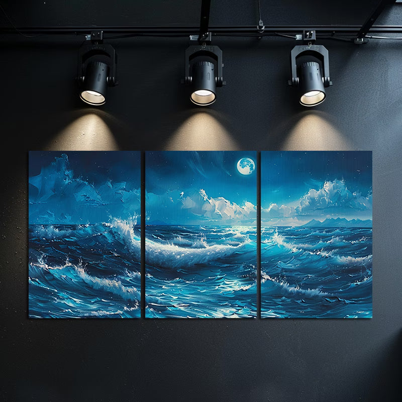 3pcs Ocean Wave Seascape Moonlit Sea Wall Art Set Canvas Framed 60x90cm - High Quality Print 100% Australian Made Wall Canvas Ready to Hang
