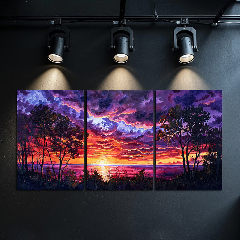 3pcs Vibrant Red and Purple Scenery Sunset Lake Wall Art Set Canvas Framed 60x90cm - High Quality Print 100% Australian Made Wall Canvas Ready to Hang