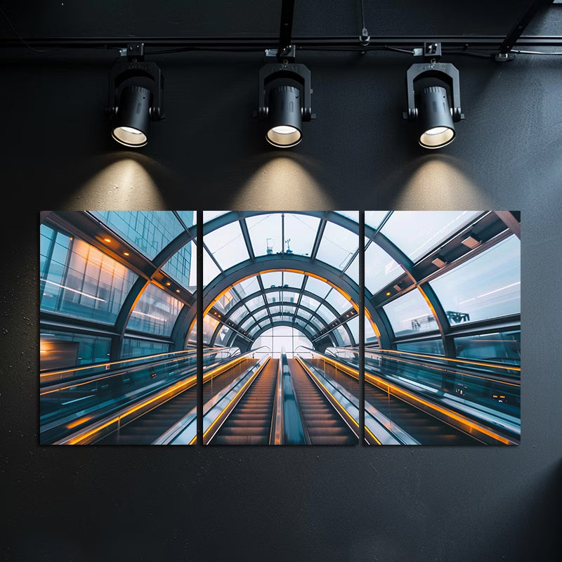 3pcs Glowing Escalator in Blue and Yellow Tunnel Wall Art Set Canvas Framed 60x90cm - High Quality Print 100% Australian Made Wall Canvas Ready to Hang