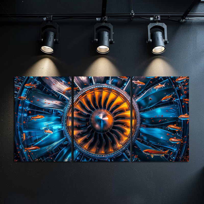3pcs Inner View of An Aircraft Engine Wall Art Set Canvas Framed 50x70cm - High Quality Print 100% Australian Made Wall Canvas Ready to Hang