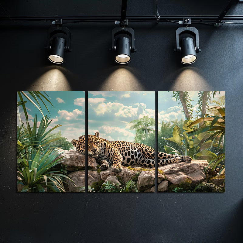 3pcs Beautiful Jaguar Resting on Rocks in Jungle Wall Art Set Canvas Framed 40x60cm - High Quality Print 100% Australian Made Wall Canvas Ready to Hang