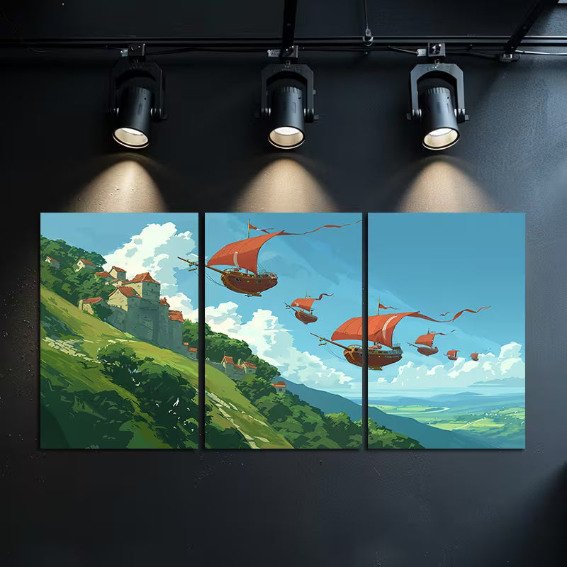 3pcs Green Hills & Airships Illustration Wall Art Set Canvas Framed 60x90cm - High Quality Print 100% Australian Made Wall Canvas Ready to Hang