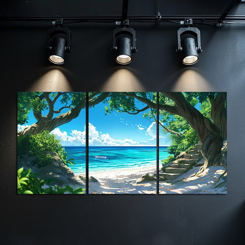 3pcs Japanese Anime Beach & Banyan Tree Wall Art Set Canvas Framed 60x90cm - High Quality Print 100% Australian Made Wall Canvas Ready to Hang