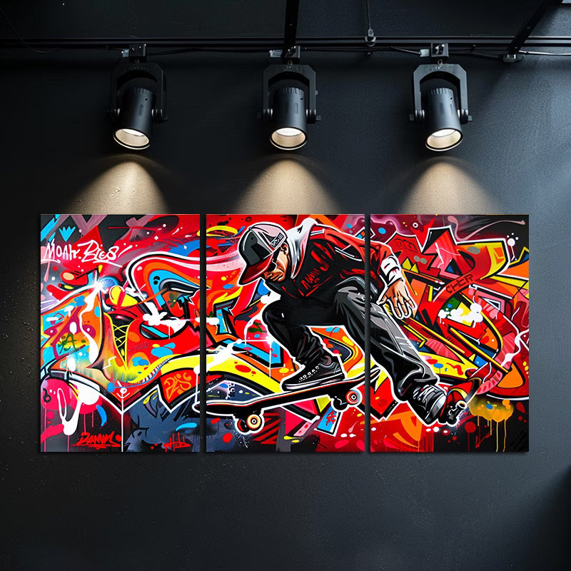 3pcs Graffiti Skateboarder Vibrant Street Art Wall Art Set Canvas Framed 40x60cm - High Quality Print 100% Australian Made Wall Canvas Ready to Hang