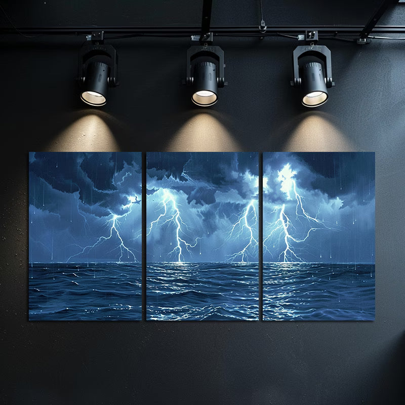 3pcs Thunderstorm Lightning Seascape Wall Art Set Canvas Framed 50x70cm - High Quality Print 100% Australian Made Wall Canvas Ready to Hang