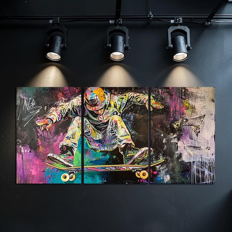 3pcs Skateboard & Graffiti Illustration Wall Art Set Canvas Framed 50x70cm - High Quality Print 100% Australian Made Wall Canvas Ready to Hang