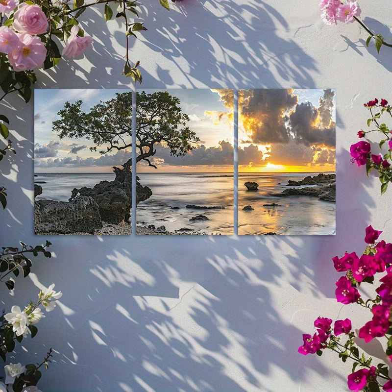 3pcs Serene Sunset Mangrove & Rocks Scene Wall Art Set Canvas Framed 50x70cm - High Quality Print 100% Australian Made Wall Canvas Ready to Hang