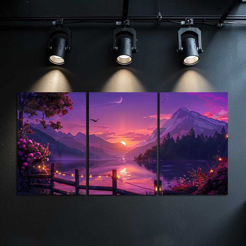 3pcs Vibrant Purple Pink Sky Lake Sunset Wall Art Set Canvas Framed 50x70cm - High Quality Print 100% Australian Made Wall Canvas Ready to Hang