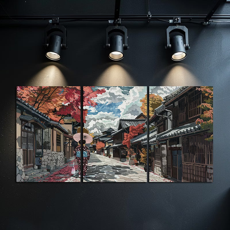 3pcs Japanese Street Shin Hai Cheng Scene Wall Art Set Canvas Framed 50x70cm - High Quality Print 100% Australian Made Wall Canvas Ready to Hang