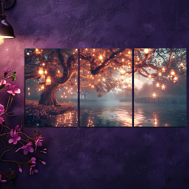 3pcs Enchanted Tree with Hanging Lights & Candle Wall Art Set Canvas Framed 60x90cm - High Quality Print 100% Australian Made Wall Canvas Ready to Hang