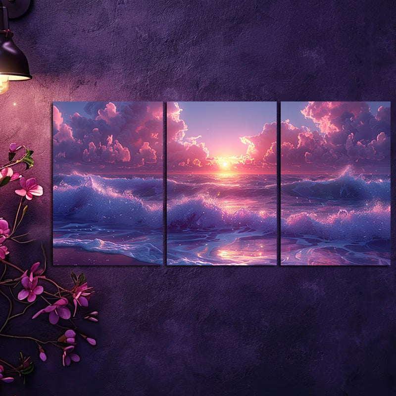 3pcs Beach Sunset with Pink and Purple Clouds Wall Art Set Canvas Framed 60x90cm - High Quality Print 100% Australian Made Wall Canvas Ready to Hang