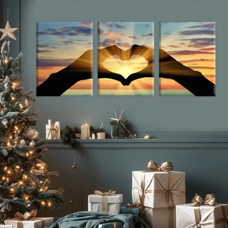 3pcs Triptych Sunset Heart Hands & Ocean Line Metal Print Ready to Hang Art
