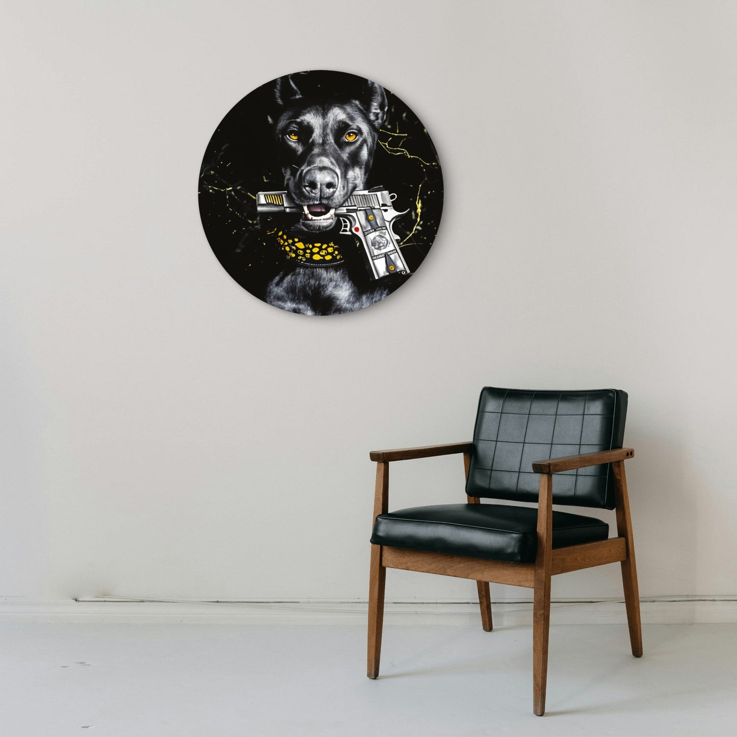 Modern Black Fashion Dobermann Dog with Gun Acrylic Glass Rounded Print Tempered Glass Wall Art 100% Made in Australia Ready to Hang