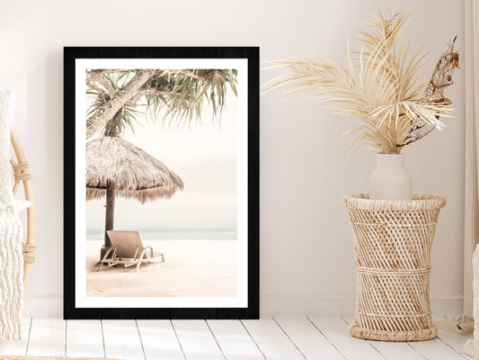 Beach Hut & Chair near Sea Faded Photograph Glass Framed Wall Art, Ready to Hang Quality Print With White Border Black