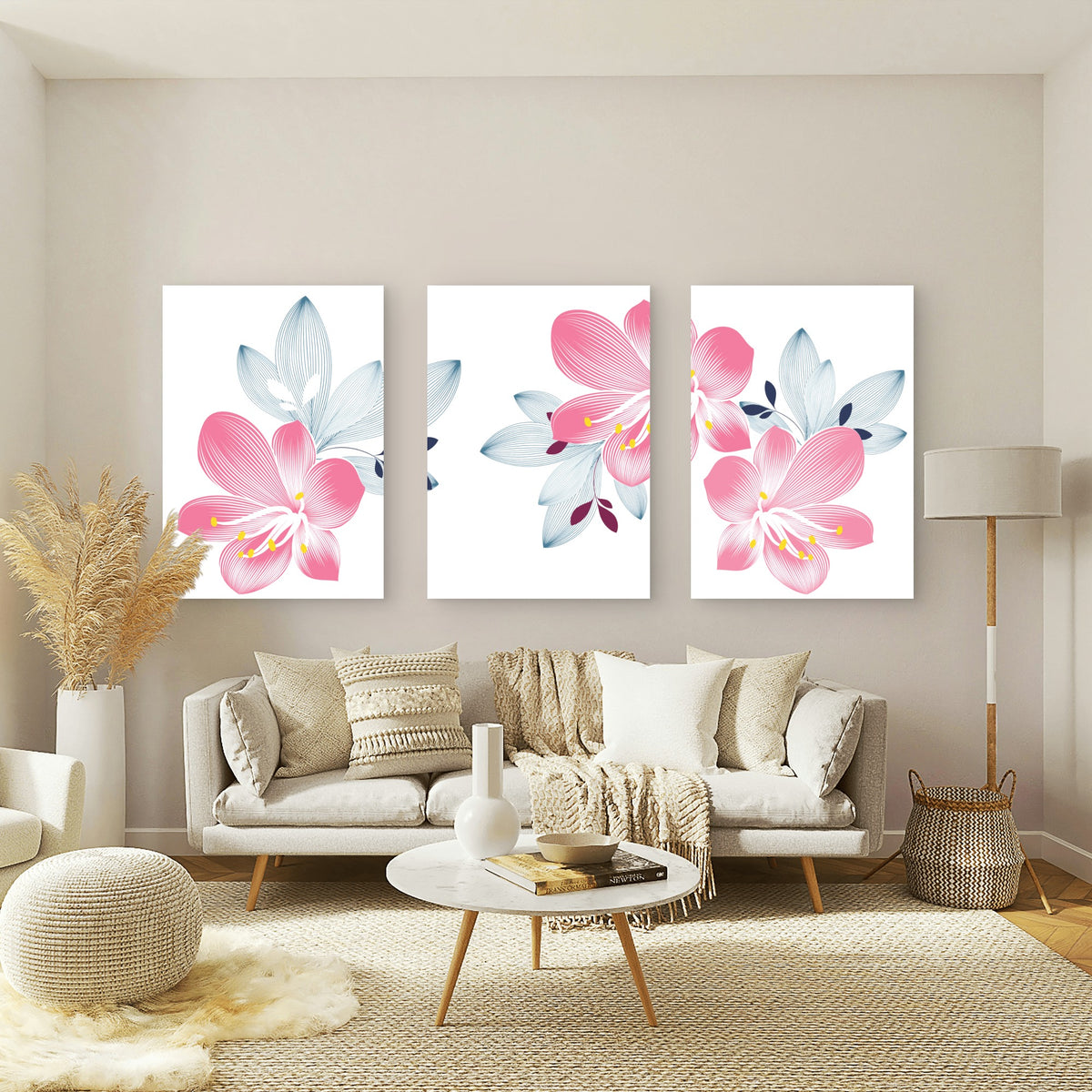 3pcs Pink Lily Flower Blue Botanical Leaf Wall Art Set Canvas Framed 60x90cm - High Quality Print 100% Australian Made Wall Canvas Ready to Hang
