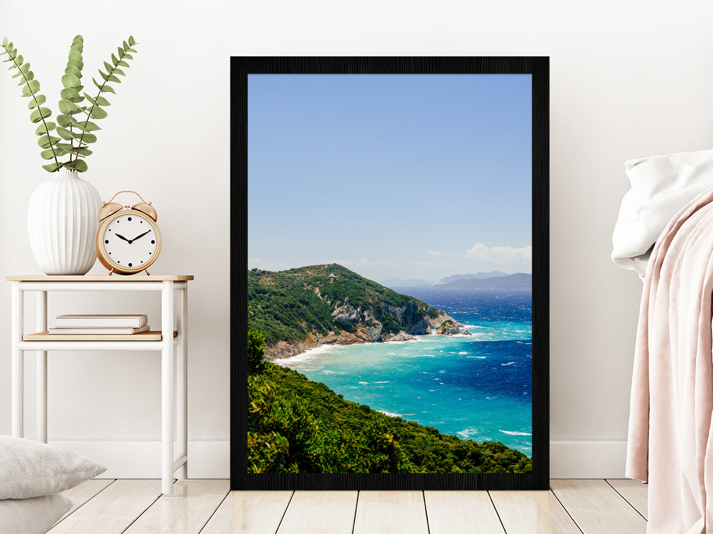 Blue Aegean Sea Coast &Wild Cliff Glass Framed Wall Art, Ready to Hang Quality Print Without White Border Black