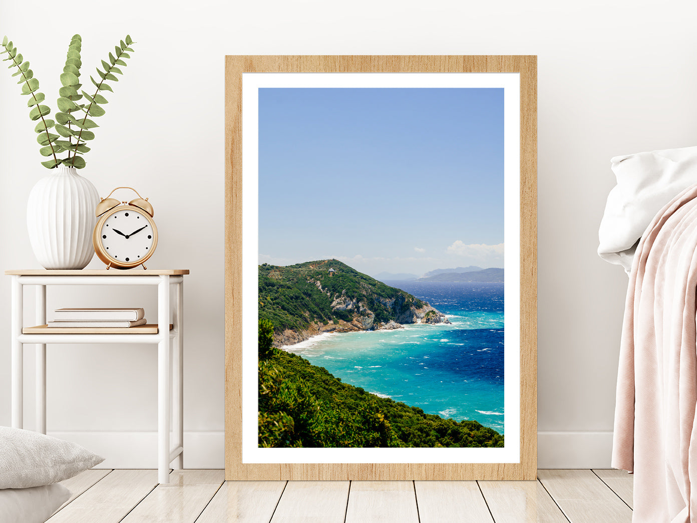 Blue Aegean Sea Coast &Wild Cliff Glass Framed Wall Art, Ready to Hang Quality Print With White Border Oak
