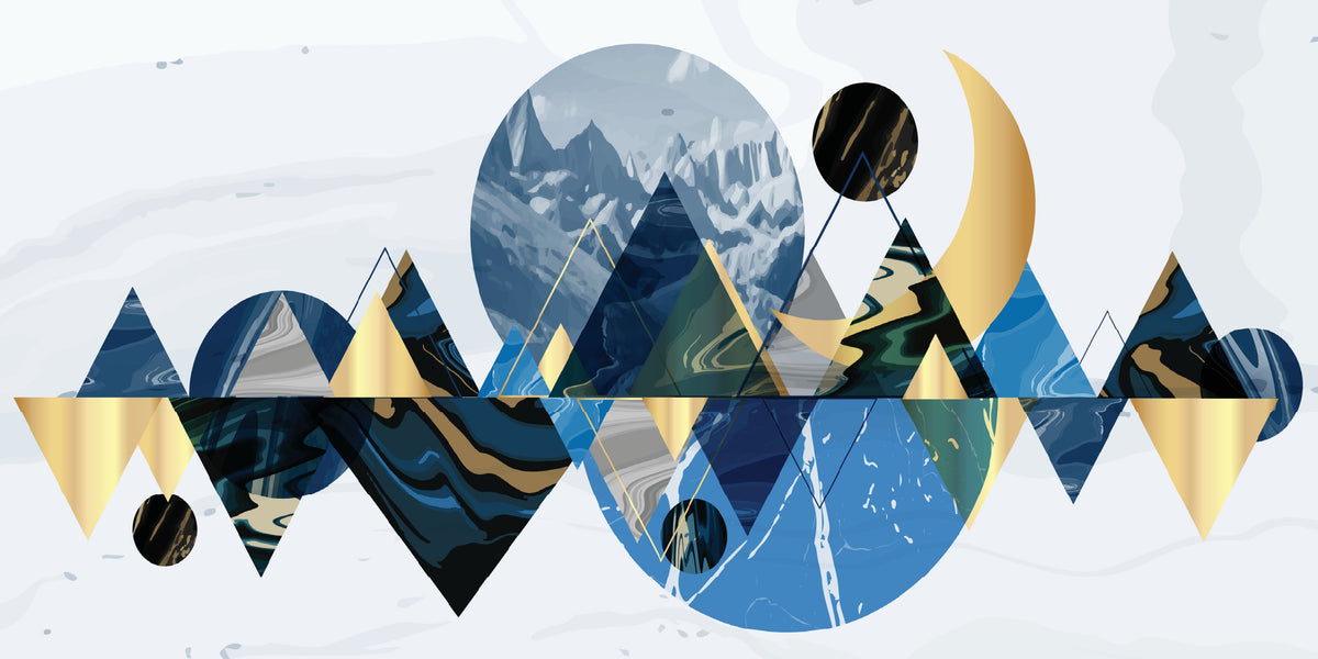 Geometric Blue Gold Mountains Wall Art Canvas Office Home Room Framed 120x60cm