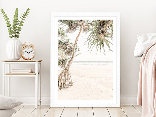 Trees near Sandy Beach View Photograph Glass Framed Wall Art, Ready to Hang Quality Print With White Border White