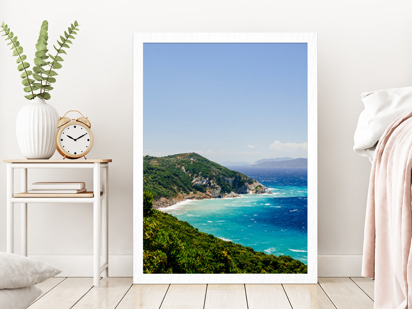 Blue Aegean Sea Coast &Wild Cliff Glass Framed Wall Art, Ready to Hang Quality Print Without White Border White