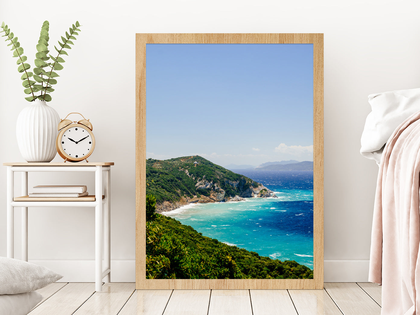 Blue Aegean Sea Coast &Wild Cliff Glass Framed Wall Art, Ready to Hang Quality Print Without White Border Oak