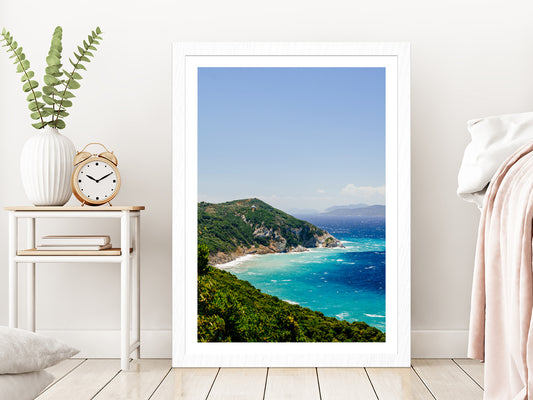 Blue Aegean Sea Coast &Wild Cliff Glass Framed Wall Art, Ready to Hang Quality Print With White Border White