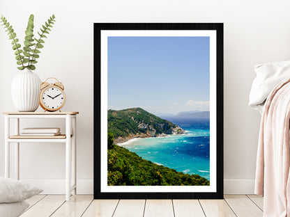 Blue Aegean Sea Coast &Wild Cliff Glass Framed Wall Art, Ready to Hang Quality Print With White Border Black