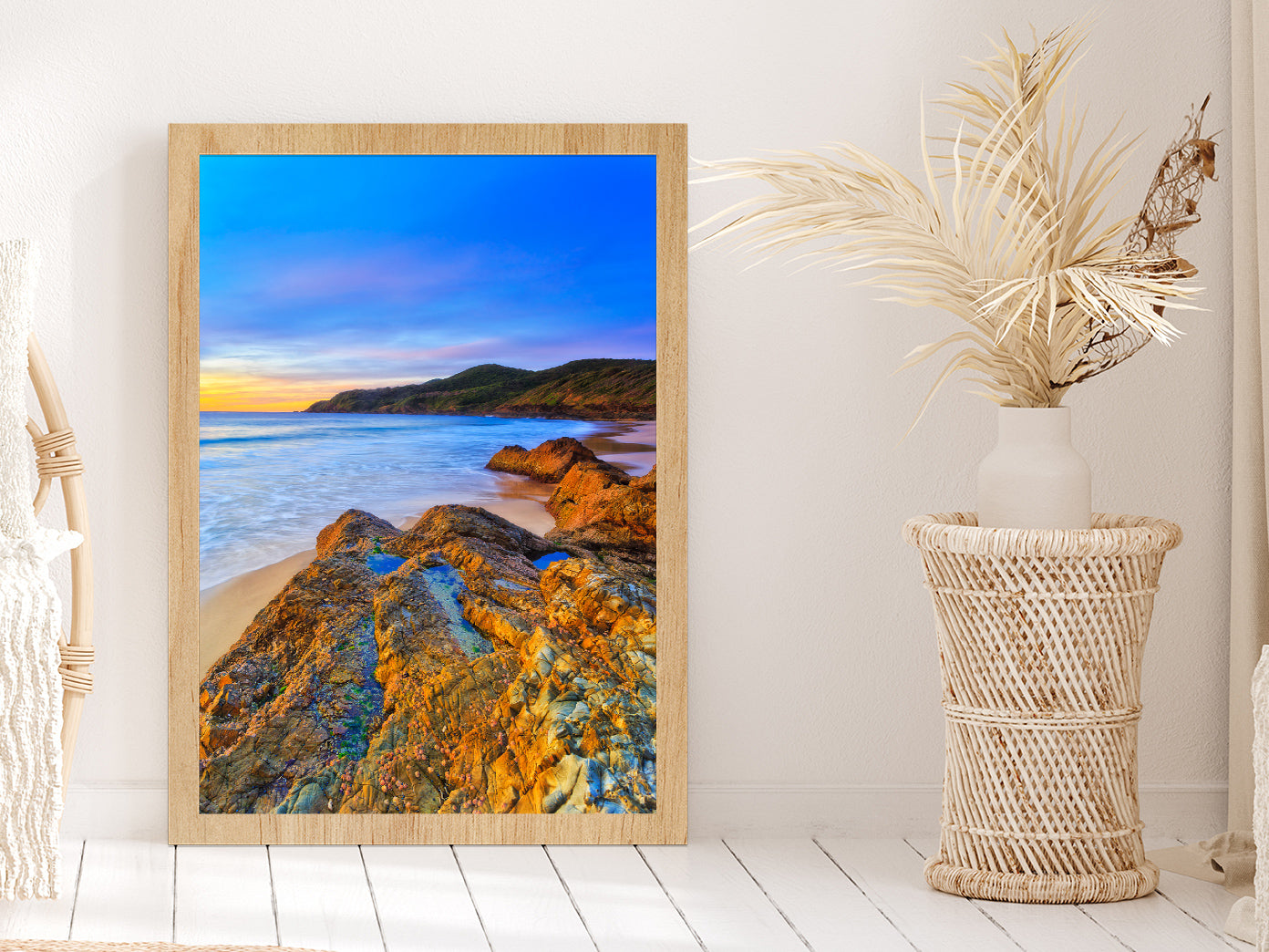 Seascape Sunrise At Burgess Beach Glass Framed Wall Art, Ready to Hang Quality Print Without White Border Oak