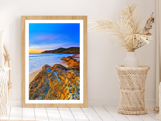 Seascape Sunrise At Burgess Beach Glass Framed Wall Art, Ready to Hang Quality Print With White Border Oak