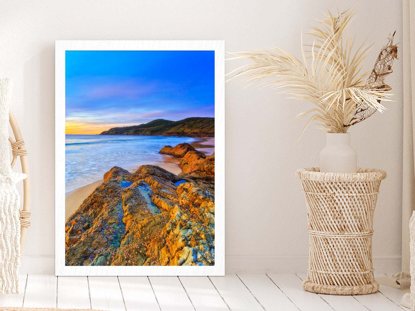 Seascape Sunrise At Burgess Beach Glass Framed Wall Art, Ready to Hang Quality Print Without White Border White