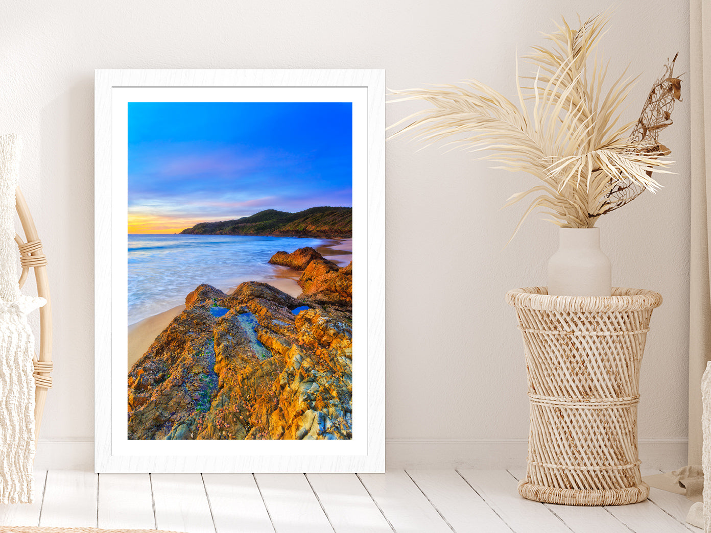 Seascape Sunrise At Burgess Beach Glass Framed Wall Art, Ready to Hang Quality Print With White Border White