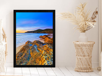 Seascape Sunrise At Burgess Beach Glass Framed Wall Art, Ready to Hang Quality Print Without White Border Black