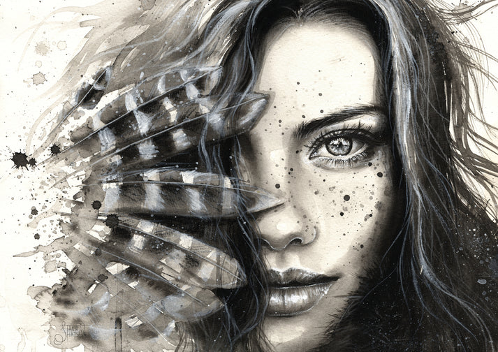 Girl Face Portrait with Feathers Black & White 90x60cm Print 100% Australian Made - Bella Home Decor