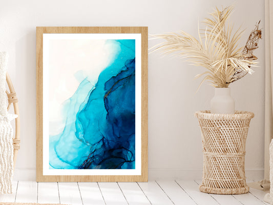 Blue & White Liquid Abstract Art Glass Framed Wall Art, Ready to Hang Quality Print With White Border Oak