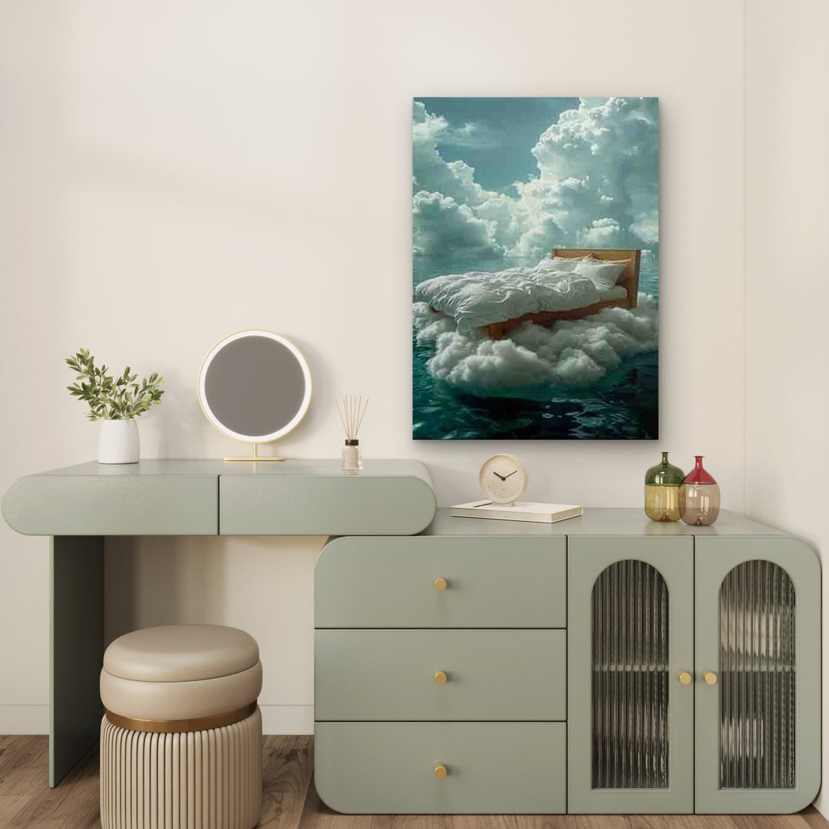 Bed Floating on Clouds Over Sea 60x90cm Metal Print Ready to Hang